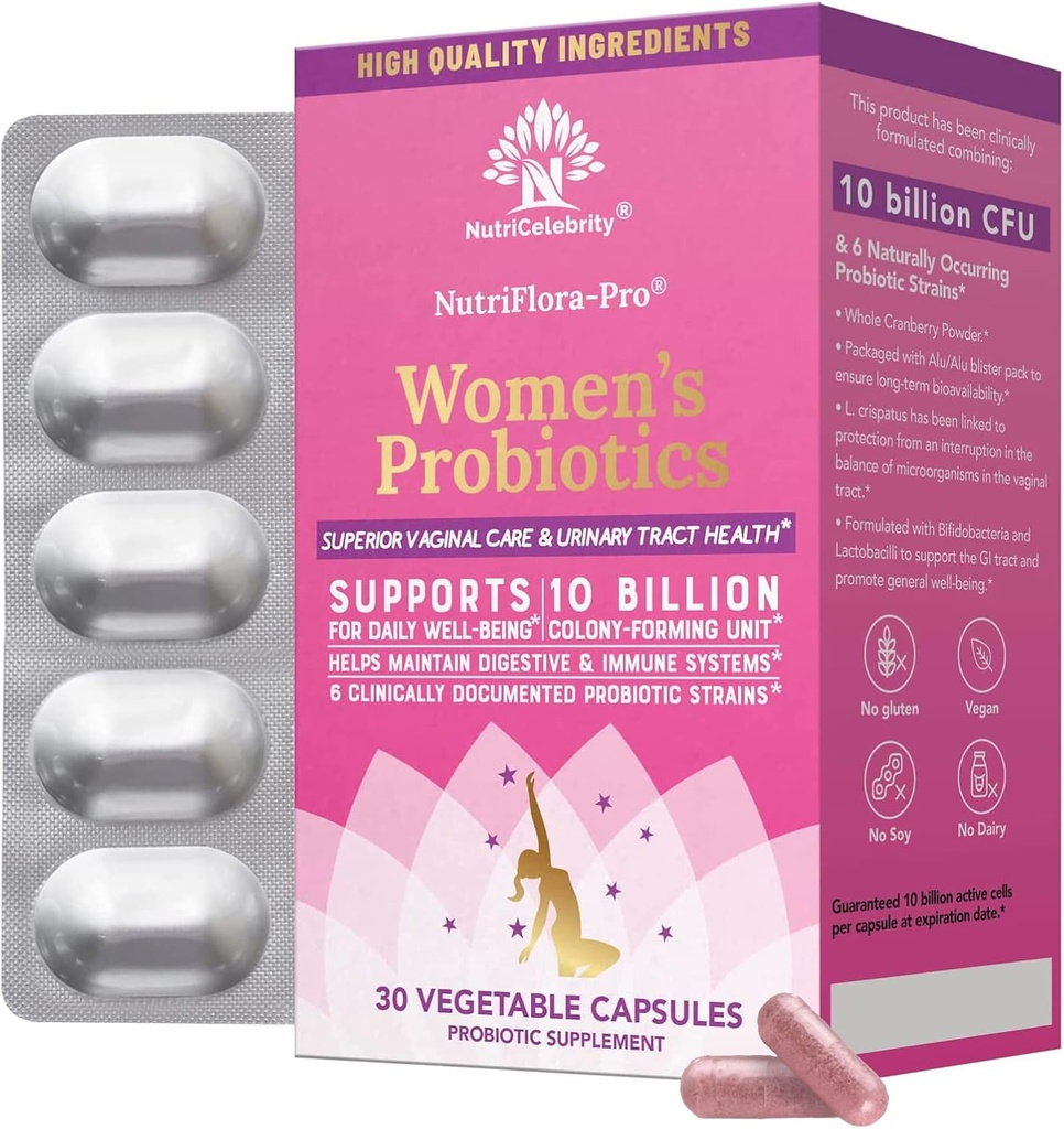 NutriCelebrity NutriFlora-Probiotiki za ženske - podpora vaginalne, urinarno zdravje (UTI), Prebavni sistem, periodna bolečina, Yeast, in BV Relief, Cranberry tablete, 10 milijard CFU 6 sevi (30 kap)
