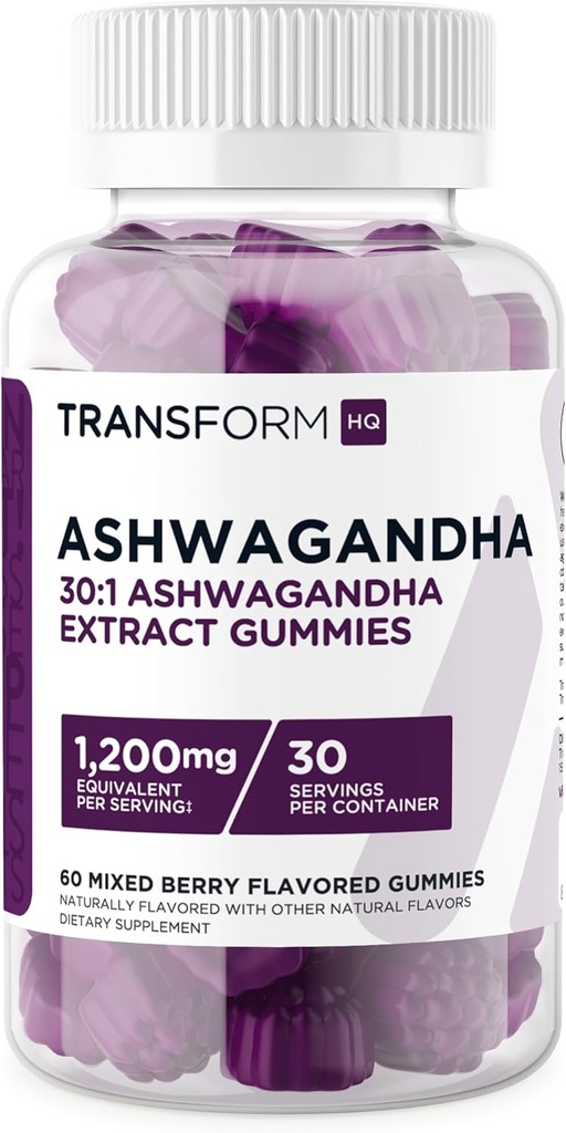 TransformHQ Ashwagandha Gummies 1200mg, 60 Gummies (Mešana okus jagod) - Ashwagandha Herbal Extract dodatek - 30 Servings, Gluten Free, Non-GMO