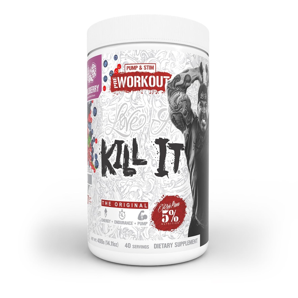 5% Nutrition Rich Piana Kill It Pre Workout Powder w/Creatine, Caffeine, Beta Alanine, Hydroprime Glicerol za črpalko, moč, vzdržljivost 