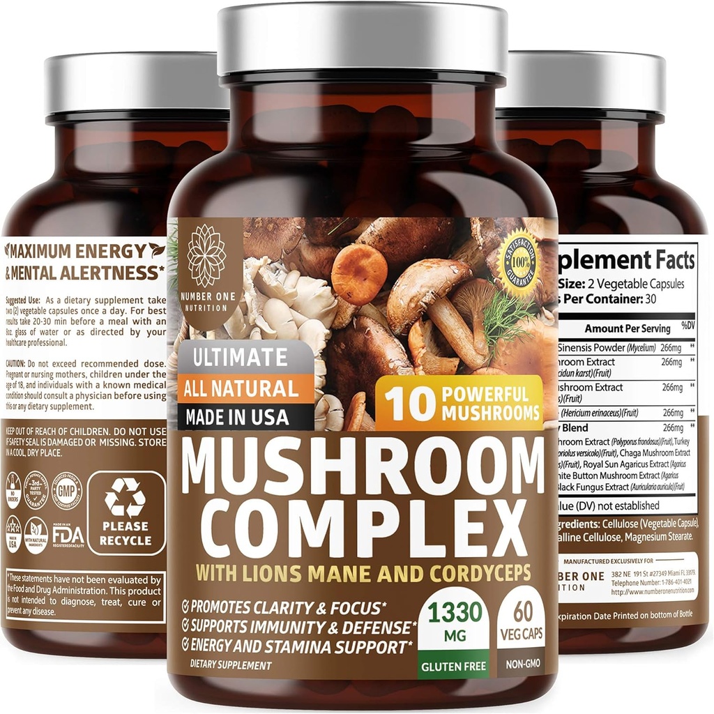 N1N Premium gob kompleks [10X Močne gobe] z Reishi, Lions Mane, Cordyceps, Chaga, Turčija Tail in Maitake za podporo zdravja, možganske funkcije in energijske ravni, 60 Veg Caps