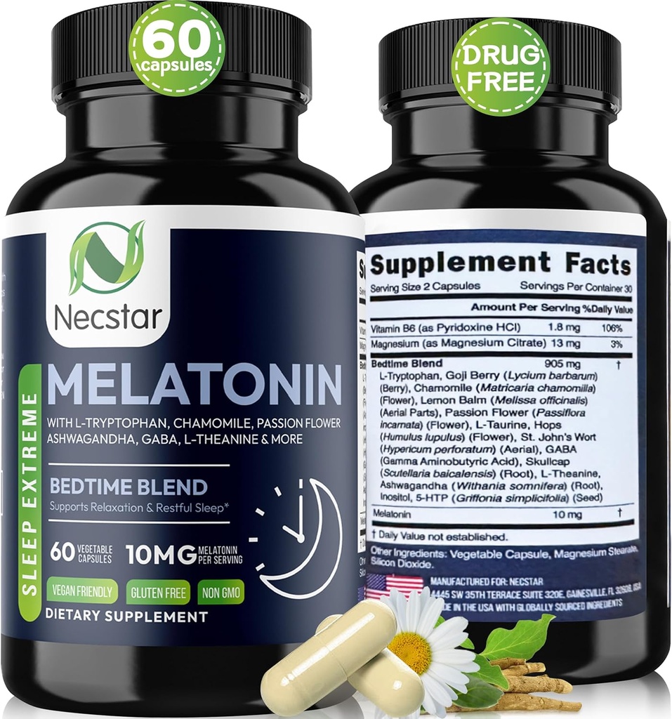 Necstar Melatonin 10mg, Pomoč za spanje za odrasle, Dodatna moč z Ashwagandha, Magnezij, L-teanin, GABA, Lemon Balm in Kamilice podporo za spanje, Vegan, Ne-GMO, Gluten-free, 60 kapsul