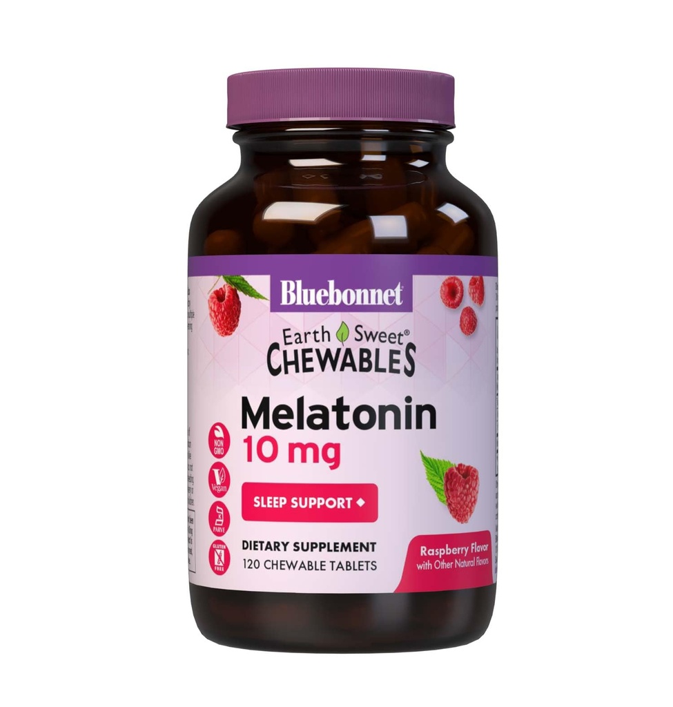 BlueBonnet Nutrition EarthSweet Melatonin 10 mg Hitro ukrepanje hitro raztapljanje nočnega časa Sprostitev in mirno spanje podpora - Pomoč za spanje - Gluten-free, Vegan - Raspberry Flavor - 120 Žvečljive tablete