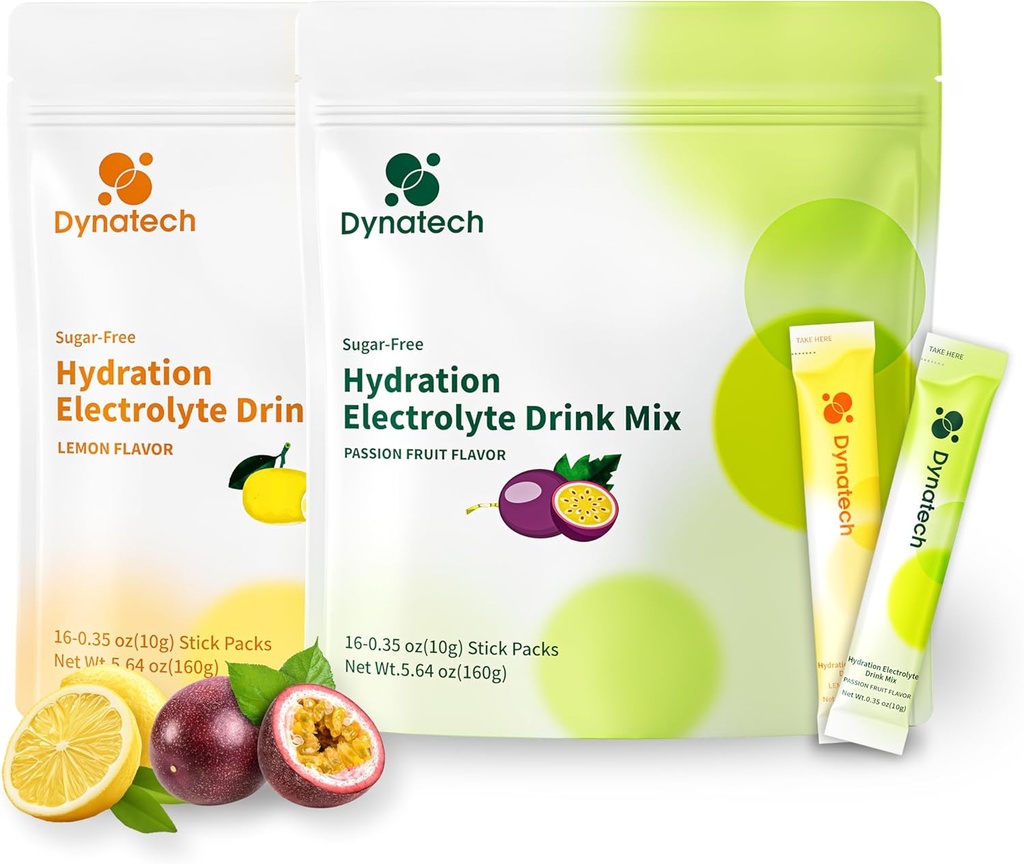 Dinatech Zero Sugar Electrolyte Drink Mix - Lemon,Passion Fruit - Hydration Powder Packets z 10 Elektroliti in vitamini 