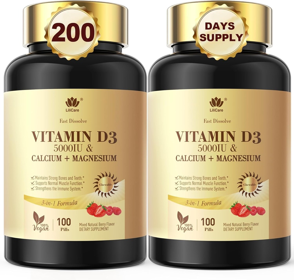 Hitra raztapljanje vitamina D3 5000 i.e. s kalcijom in magnezijem - za hitro absorpcijo brez sladkorja žvečljivi dodatek za moč kosti, zob, mišic, imunskega zdravja,200 tablete hitro taljenje
