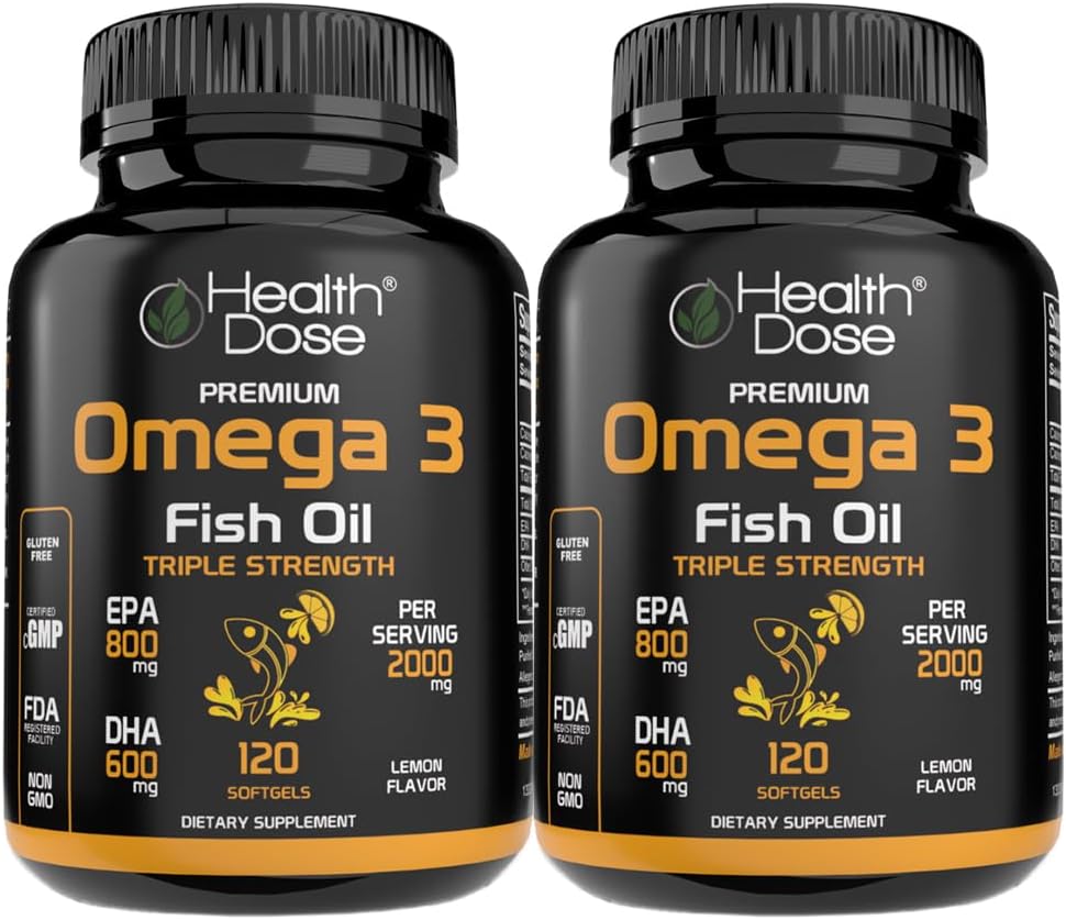 Health Dose Omega 3 ribje olje – Lemon-Flavored Softgels z EPA & DHA za možgane, srce, in Wellness podpora – Enostavno-za-prebavite, Brez rib Burps – 120 Softgels, Pack po 2
