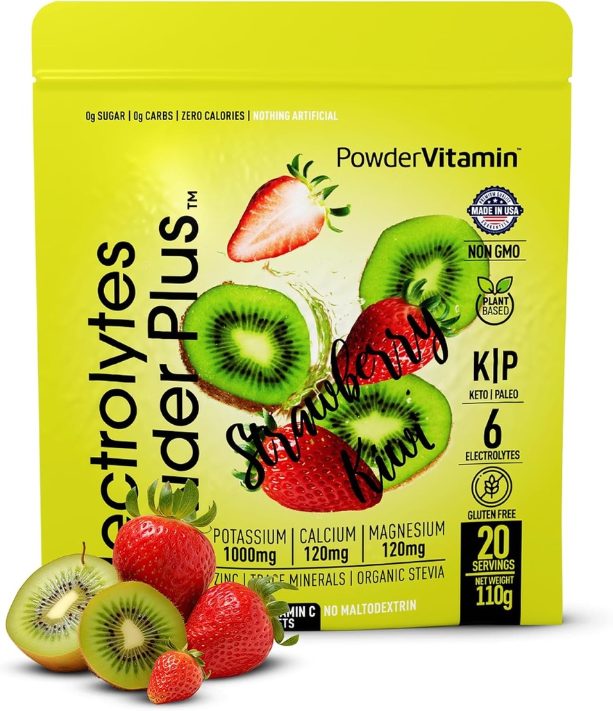PrašekVitamin Elektroliti v prahu Plus (20 Serving) Jagoda Kiwi Elektrolit v prahu Zero Calorie Keto,0 sladkor, Brez maltodekstrin,1000mg kalij,120mg kalcij,120mg magnezij, roza himalajska sol
