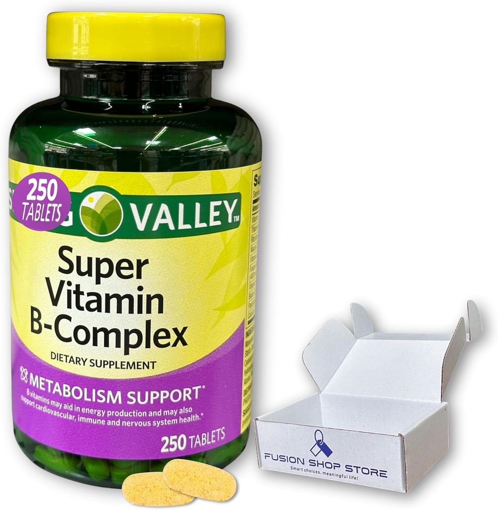 Super Vitamin B Complex Spring Valley- Tablete 250 Število Mešanica B6 B12 C tiamin biotin folat pantotenska kislina in riboflavin, Boxed by Fusion Shop Store