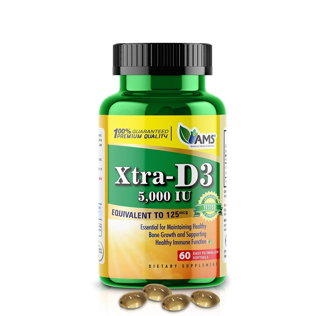 Amerika Medic & Science Xtra D3 Vitamin D 5.000 i.e. (125 μg) holekalciferol dodatek za moške in ženske (60 enostavnih za požiranje softgels) Najboljši za kosti, zdravje srca, imunski sistem podpora, pljučne funkcije