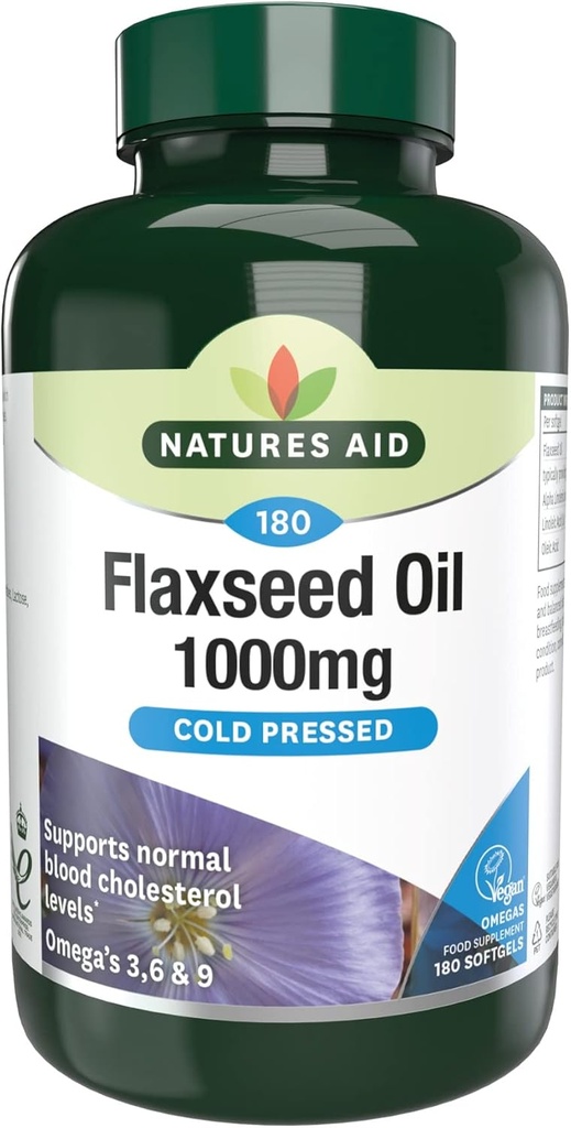 Natures Aid Laneno olje 1000mg Hladno stiskano (Omega 3, 6 + 9) 180 kap. Primeren za vegetarijance.