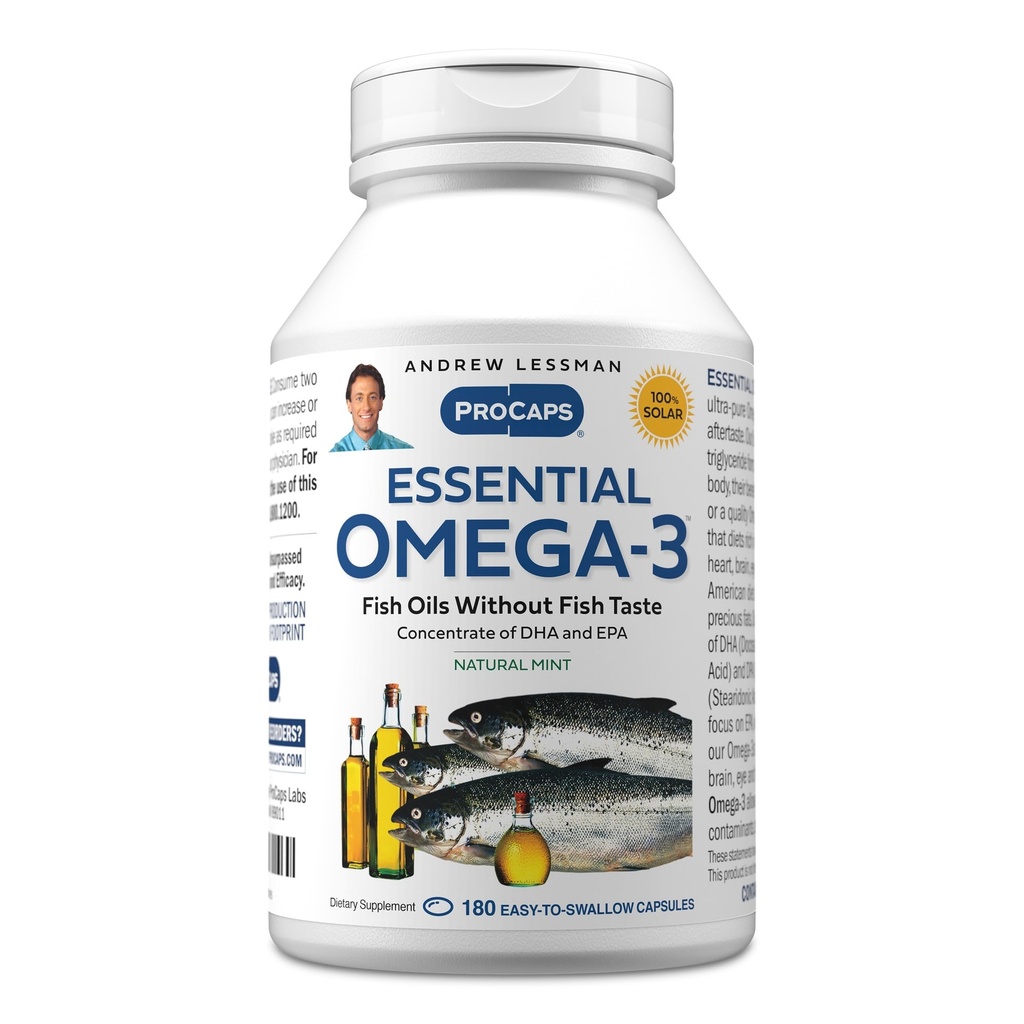ANDREW LESSMAN Essential Omega-3 Mint - 180 Softgels - Ultra-Pure, High Potency Omega-3 Oils. Visoka DHA, brez želodčne vstaje, brez onesnaževalcev, brez živega srebra. Majhen, enostaven za požiranje softgels