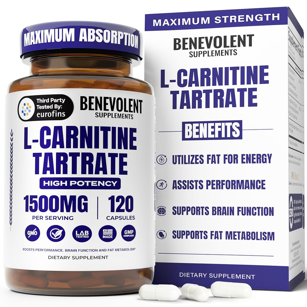 Benevolent L Carnitine Supplement - Visoka moč 1500mg L-karnitin Tartrat - hitro absorbiranje, Pretvarjanje maščobe v energijo, podpora Lean Muscle, povečanje vadbe zmogljivosti in Presnova – 120 Veganske kapsule