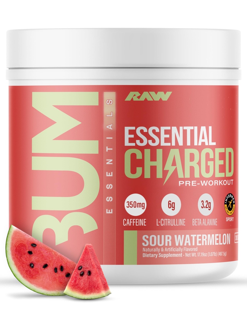 RAW predworkout prašek, Essential CHARGED (Sour Watermelon) - Preworkout dodatek za moške in ženske - podpira fokus, Mood & Performance - kofein, alfa-GPC, L-citrulin, Beta Alanine (25 strežb)