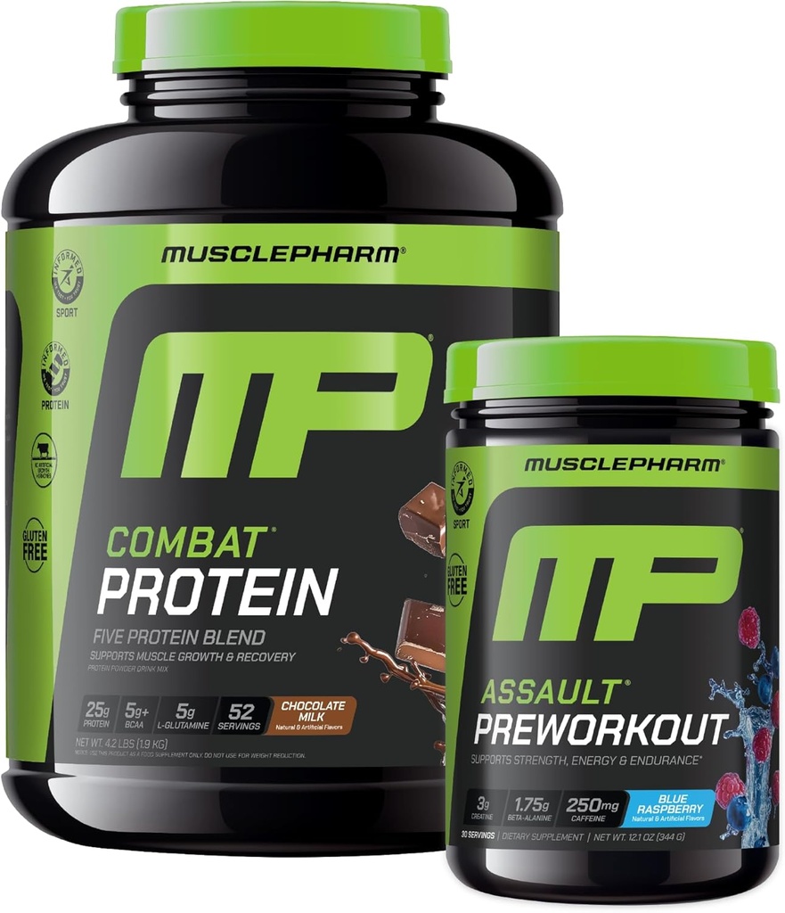Muscle Pharm Combat 4lb Chocolate Protein and MusclePharm Assault Blue Raspberry Predworkout