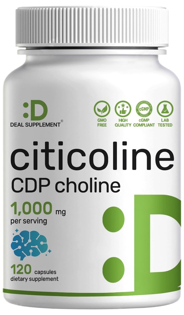 Citicoline CDP holin, 1.000mg na serviranje, 120 Kapsule – Dodatna moč Choline dopolnila – Nootropic B vitamin lastnosti – Spodbuja zdravje možganov, spomin, & Focus – Non-GMO
