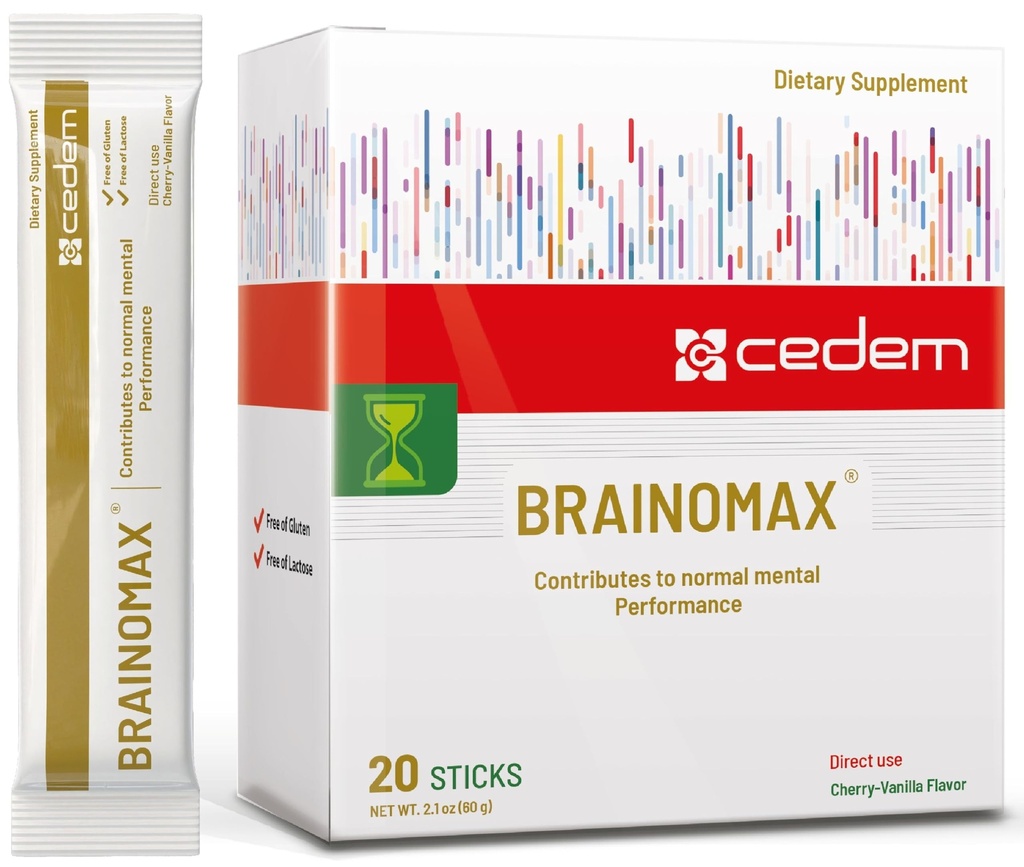 Švica BRAINOMAX 20 Powder palice, Brain Booster dodatek, Cherry-Vanilla Flavor s Citicoline, N-acetil-L-karnitine, Nootropic Brain Supplements za spomin in fokus, Kognitivna podpora