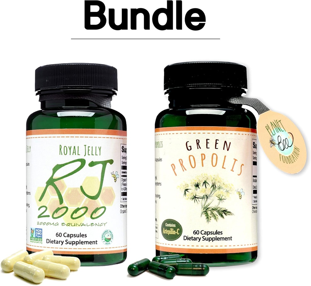 Greenbow Royal Jelly 2000mg Ekvivalentnost – ne GSO Izdelano z organsko Royal Jelly 60 kapice Zelena Propolis – Pristna brazilska Zelena Propolis, Vsebuje Artepillin C 60 kapice