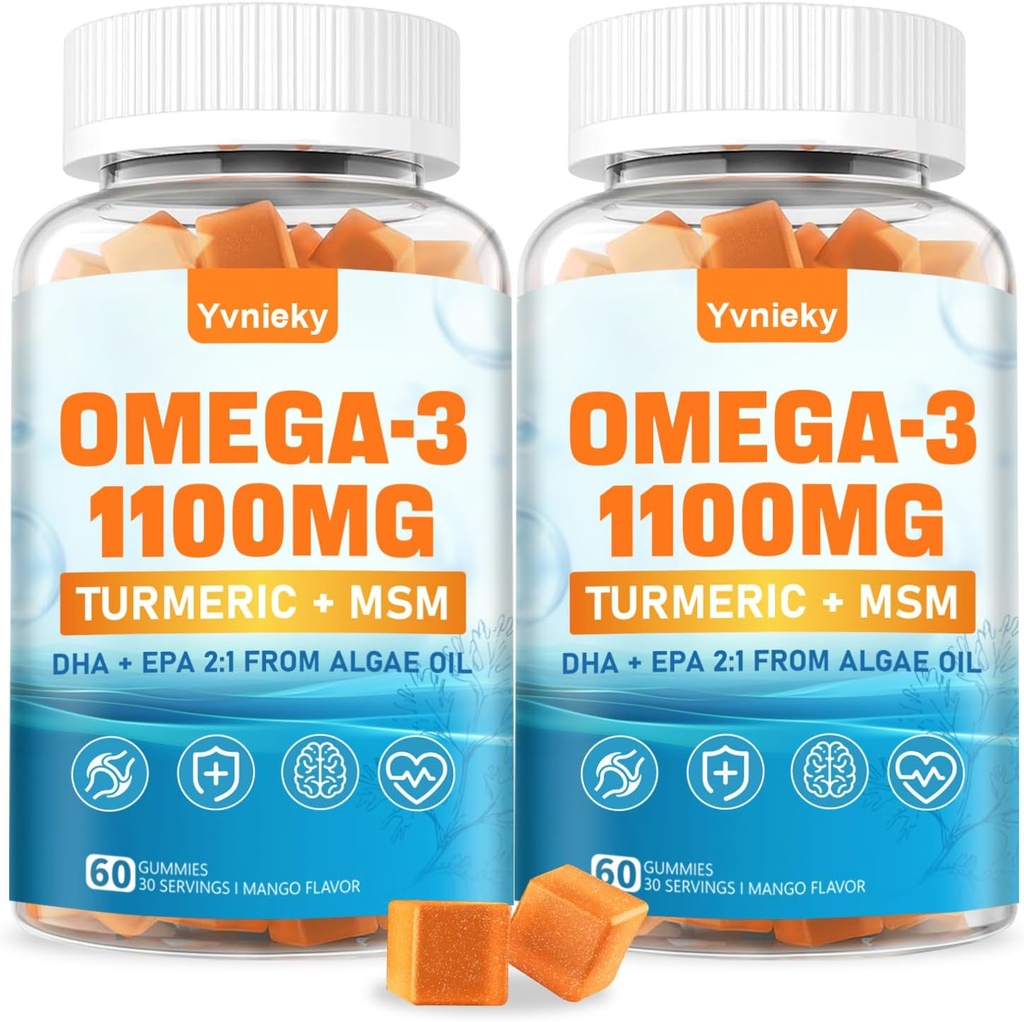 Vegan Omega 3 dodatek Gummies 1100m za odrasle - DHA 680mg & EPA 340mg s kurkuma, MSM, Vitamin C, E, D3, Cink - Algae ribje olje Alternative