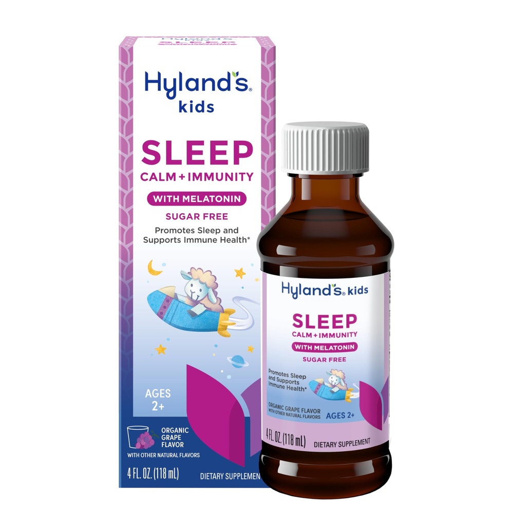 Hyland's Kids Sleep Calm & Immuniteta z melatoninom, Sugar-free Sleep Aid Tekočina z magnezijem, Vitamin D, Cink & Elderberry, Spodbuja spanje in podpira Imunsko zdravje, Starost 2+, Grozdni Flavor, 4 Fl. Oz.