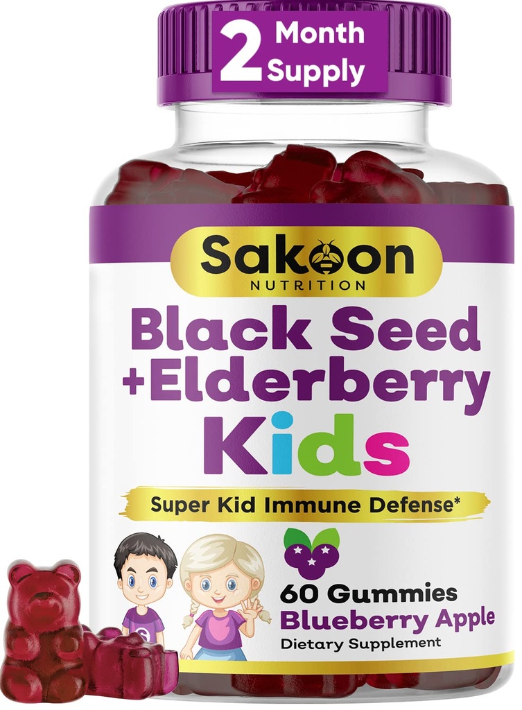 Sakoon prehrana Elderberry & Black Seed Oil Gummies za otroke, Imunska podpora, z vitaminom C in cinkom, Okusne jagodne arome, 60 Gummies