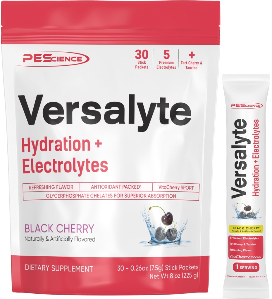 PEScience Versalyte Elektrolitski hidracijski paketi, brez sladkorja Elektrolitni prah z magnezijem, tavrin, antioksidanti, Trace Minerals - Črna Cherry, 30 Serving