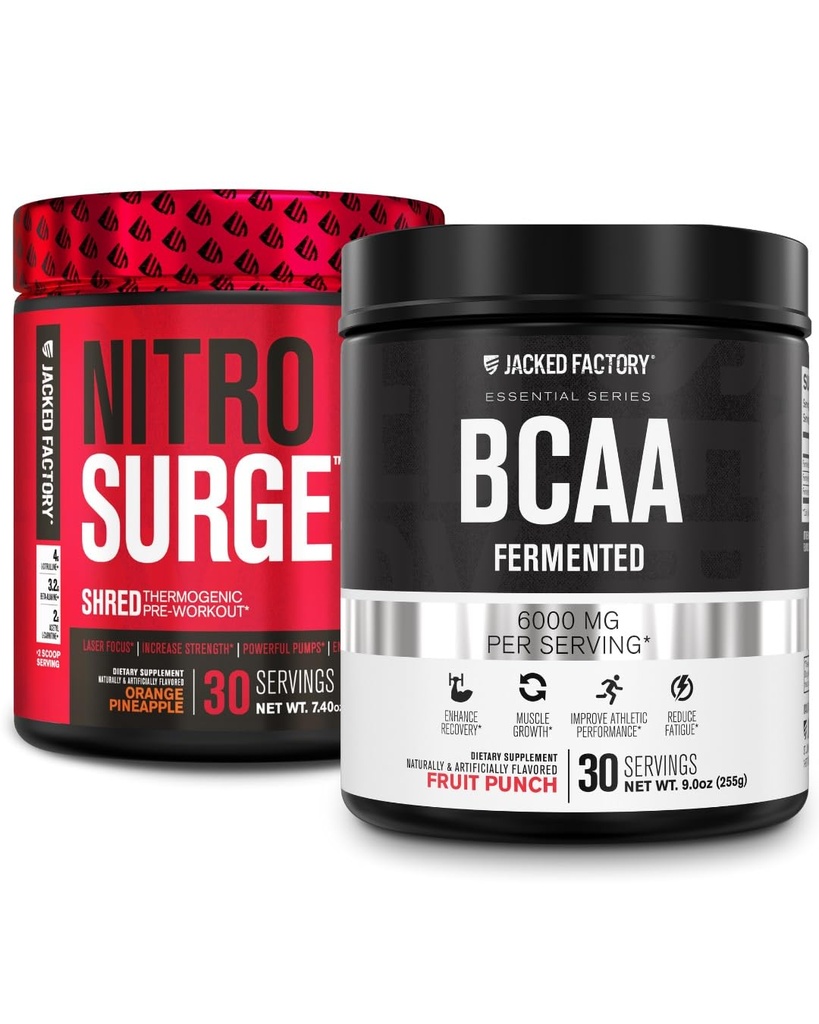 Jacked Factory Nitrosurge Shred Termogenic Pred-Workout v Orange Ananas & BCAA v sadje Punch za repozicijo telesa, izgradnjo mišic in okrevanje