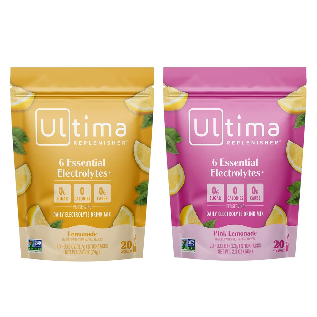 Ultima Replenisher Electrolyte Powder Drink Mix Bundle – Sugar Free – Limonada in Roza limonada, 20 Lepila – 6 Elektroliti in minerali – Keto Friendly, Vegan, Non-GMO