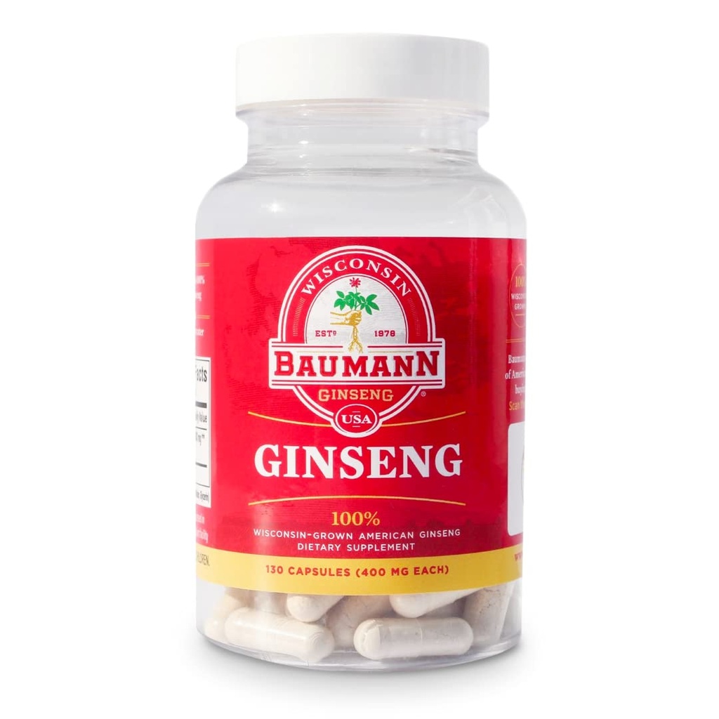 Baumann Wisconsin Ginseng Kapsule 130 tablete 400 mg – Pure American Ginseng Root Extract Prašek v vsaki tableti - 100% naravna Panax Ginseng dodatek za imuno podporo, fokus in energijo
