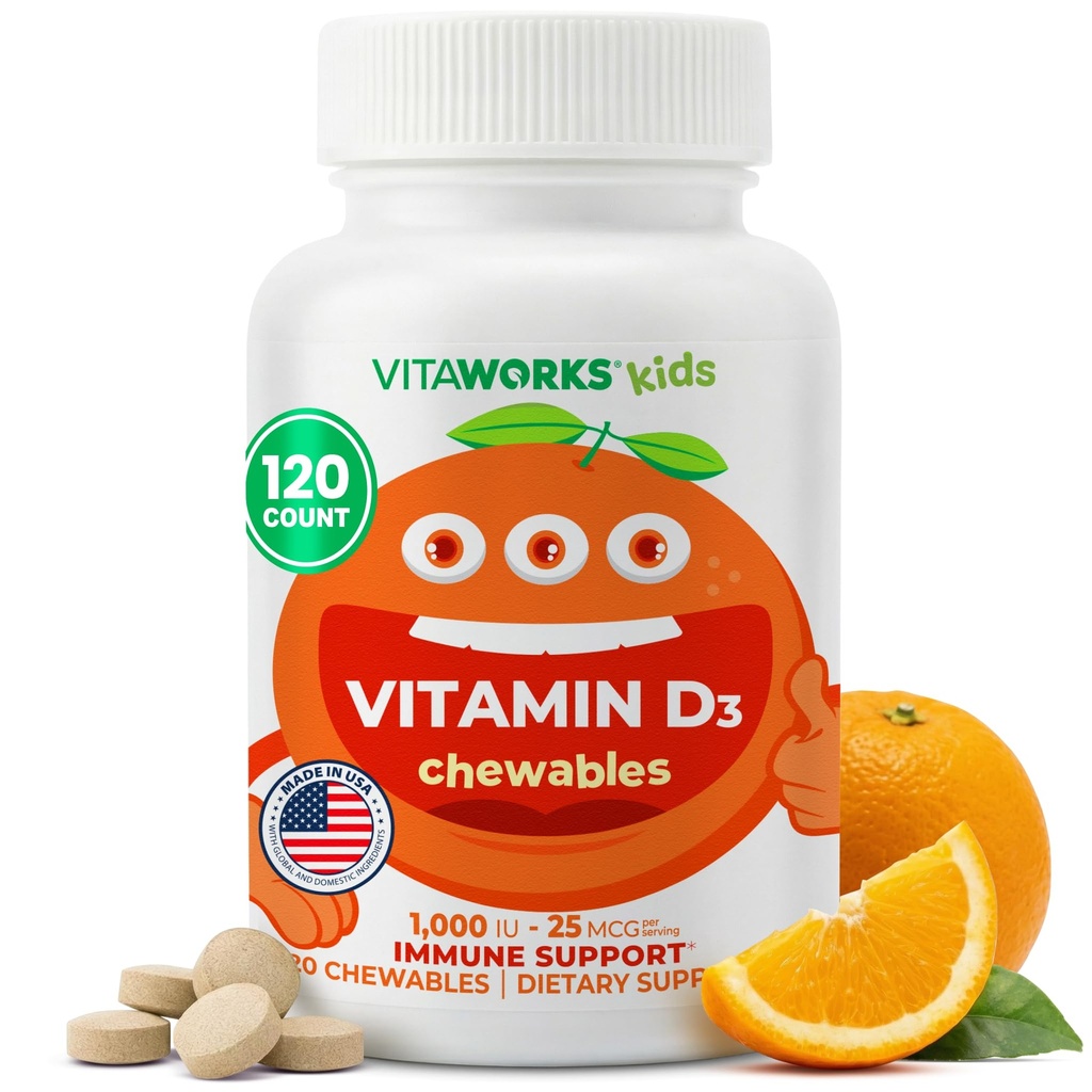 Otroci Vitamin D 1000 i.e. žvečljive tablete - okusna naravna pomarančna aroma - veganska, brez GSO, brez glutena, brez oreškov - prehranska dopolnila za imuno podporo - za otroke - 120 žvečilni izdelki
