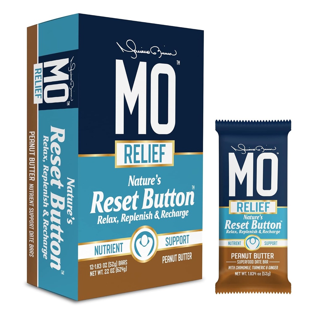 "MO RELIEF" BARS – Vse-naravni Superfood Prigrizek Bar - Recovery Prigrizki Bars – Po vadbi Nutrient Podpora z datumi, Kamilica, Kurkurja, & Ginger - (12 barov v škatli (Peanut Butter)