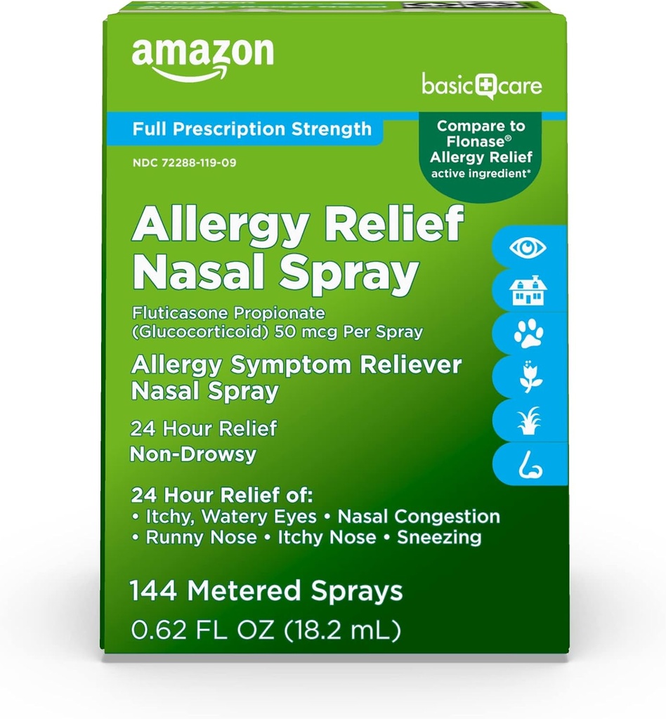 Osnovna nega 24-urna alergija Relief nosni pršilo, flutikazonpropionat (glukokortikoid), 50 μg, popolna predpisovanje moč, neumirjanje, 0,62 fl oz (paket po 1)