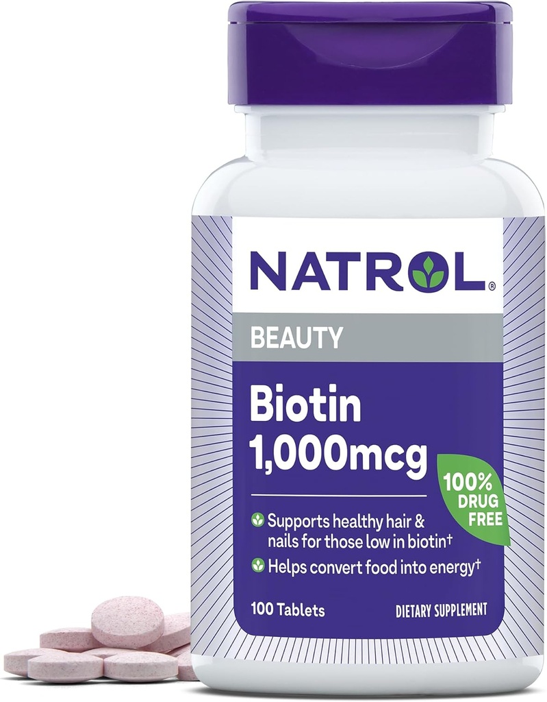 Natrol Beauty Biotin 1000mcg, prehranska dopolnila za zdrave lase, kožo, nohte in energijo Presnova, 100 tablet, 100 dnevna zaloga (Pack of 12)