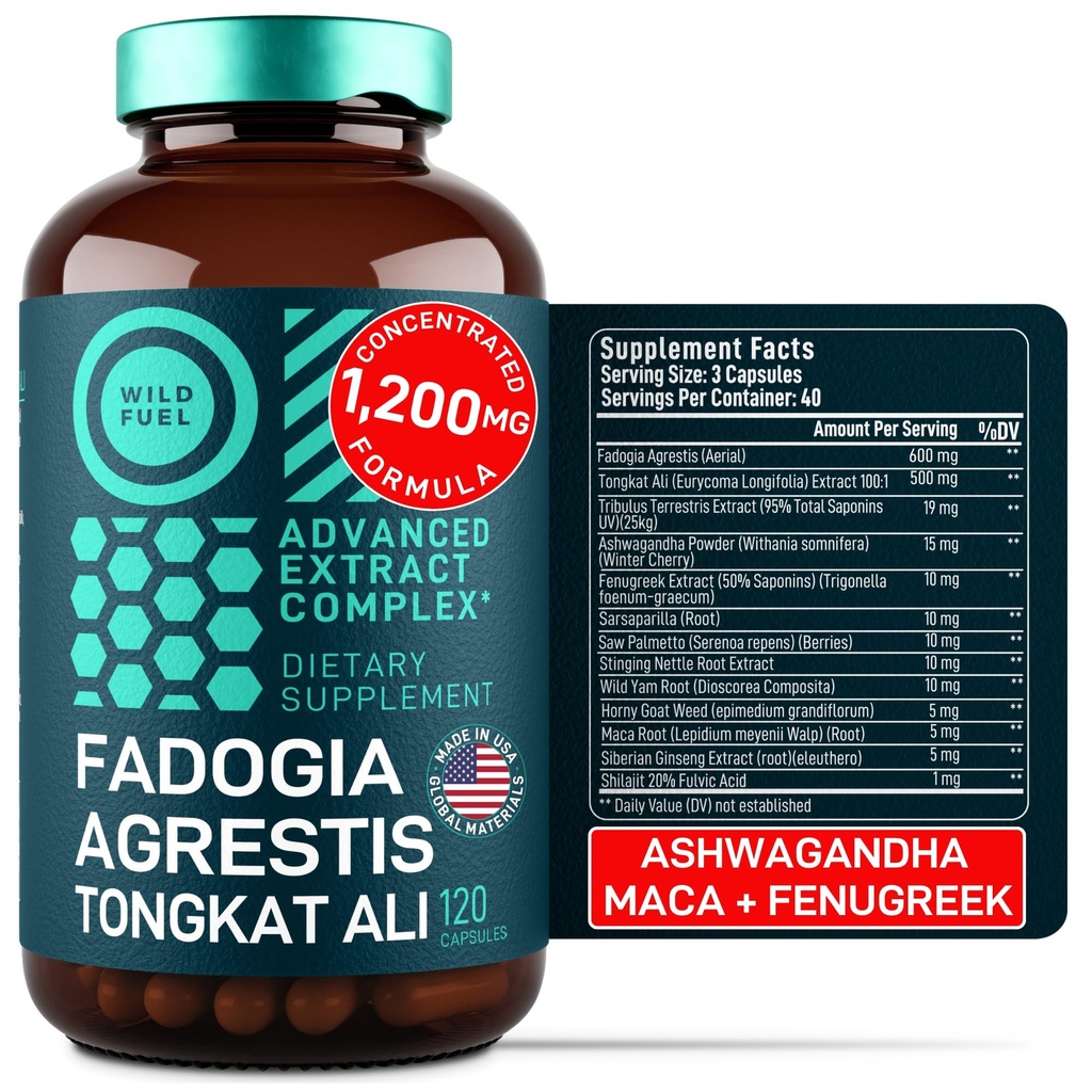 Fadogia Agrestis in Tongkat Ali dodatek - 600mg Fadogia Agrestis za moške, 500mg Longjack Tongkat Ali, Ashwagandha Maca Fenugreek Complex - moč mišic, energija, podpora razpoloženju - 120 kapsul