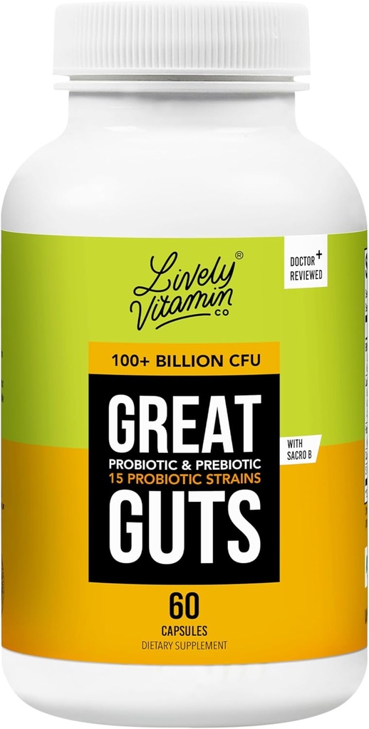 LIVELY VITAMIN CO. Great Guts Probiotic - 100 Billion CFU Probiotic - Balance Gut Microbiome, GI Tract, Inflammation, Indigestion, Reflux, Upset Stomach, & Diarrhea - 60 Caps