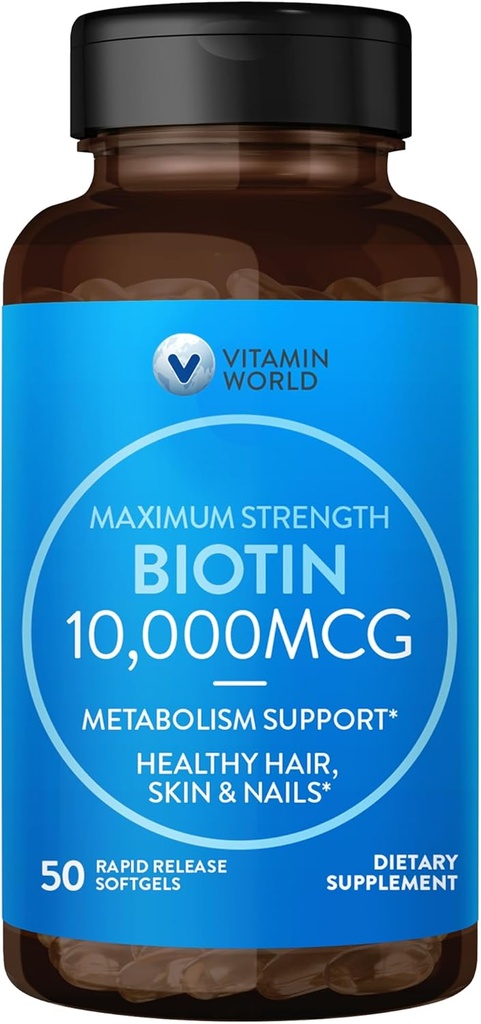 Vitamin World Ultra Mega Biotin 10.000 mcg. 50 Softgels, Vitamin B, Podpira zdrave lase, kožo in nohte, hitro sproščanje, Gluten Free