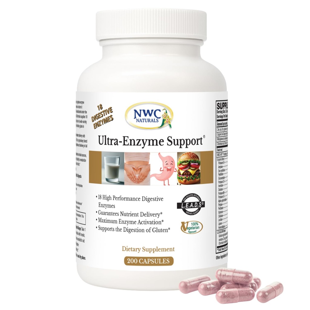 NWC Naturals Ultra Enzyme Podpora, Naravne prebavne dopolnila, Spodbuja optimalno zdravje in prebavo, 200 Štetje Kapsule