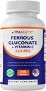 Vitamatski železov glukonat 324 mg + vitamin C 100 mg - brez umetnih barvnih dodatkov - nežen na želodcu - 250 prevlečenih tablet - Made in USA