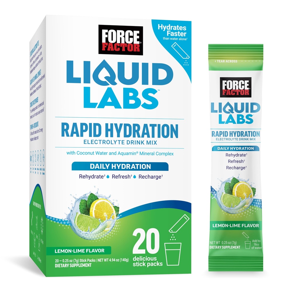 FORCE FACTOR Tekoči laboratoriji Elektroliti Powder Packets – Lemon limete – Hydration Packets za izdelavo elektrolitske vode s 5 Essential Electrolities, Vitamini, Minerali in antioksidanti, 20 Packs