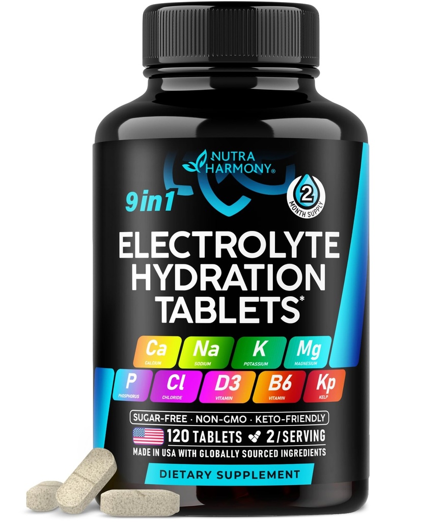 Elektroliti - Elektrolitske tablete z magnezijem, natrijem, kalijem, kloridom, vitamini D3 & B6, Kelp v prahu - tablete soli - narejene v ZDA - peroralne tablete kot kapsule - Vegan & Keto prijazno - 120 tablet