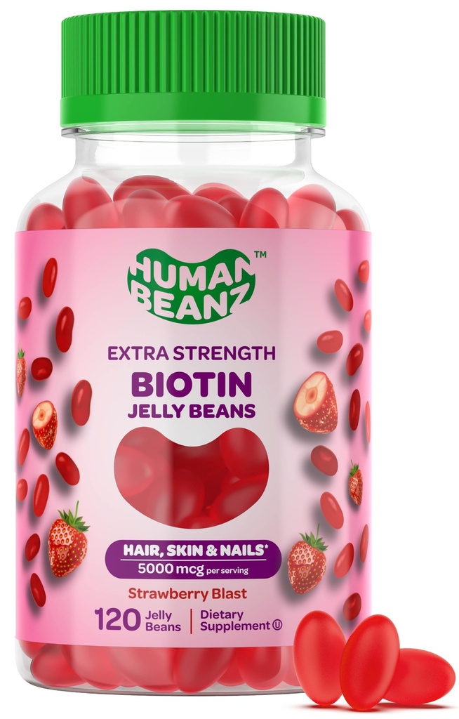 Biotin želatina fižol Gummy Vitamini, Dodatna moč Biotin za lase, kožo in nohte, 5000mcg na strežbo, Rast las Vitamini za moške in ženske, 120 Jagode Blast žele fižol, Košir