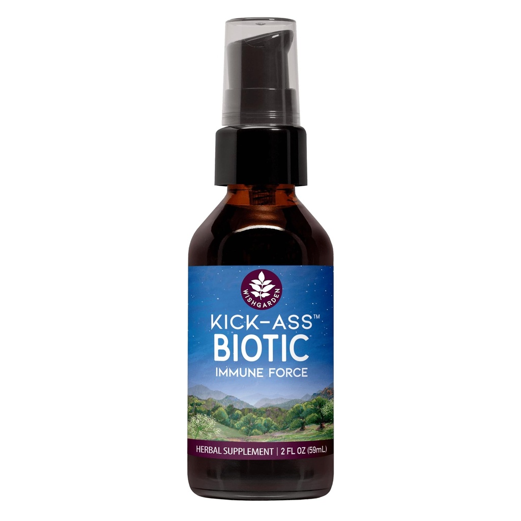WishGarden Herbs Kick-Ass Biotic Immune Hero - rastlinsko-based Herbal Biotic Formula z Usnea Lichen, Hops, Echinacea & Goldenseal, podpira zdravo imunski, dihalni in limfni sistem funkcijo, 2oz