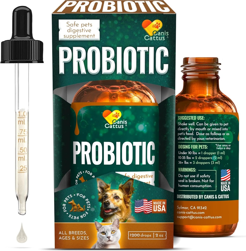 Canis&Cattus probiotiki za mačke – Tekoči mačji probiotiki z digestivnimi encimi za plin, napenjanje, drisko in vznemirjen želodec – Easy-Mix kapljice – 2 oz