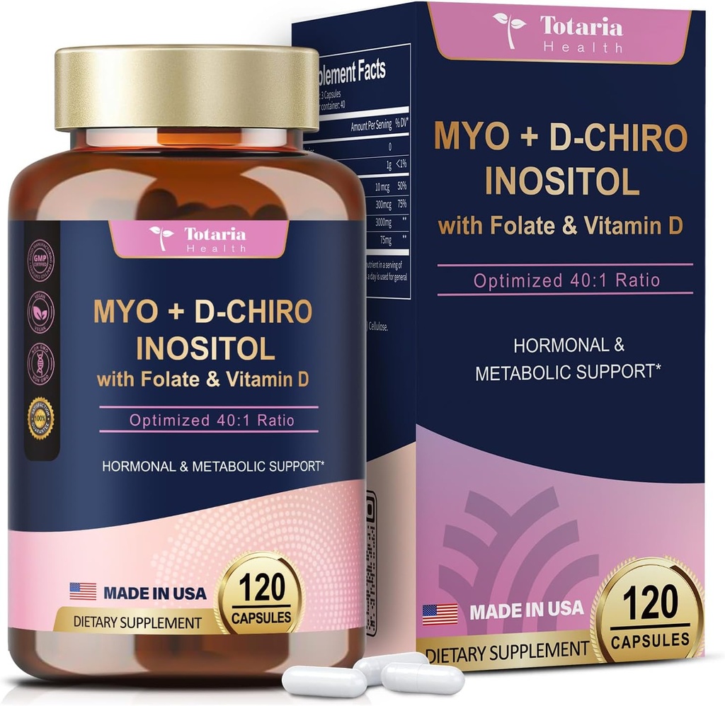Totaria Inositol Dodatek za ženske z vitaminom D3, Folat, 40:1 Razmerje Myo-Inositol 3000mg & D-Chiro Inositol 75mg Complex, Vitamin B8 Inositol Dodatek za ženske lase, Nail, Koža zdravje