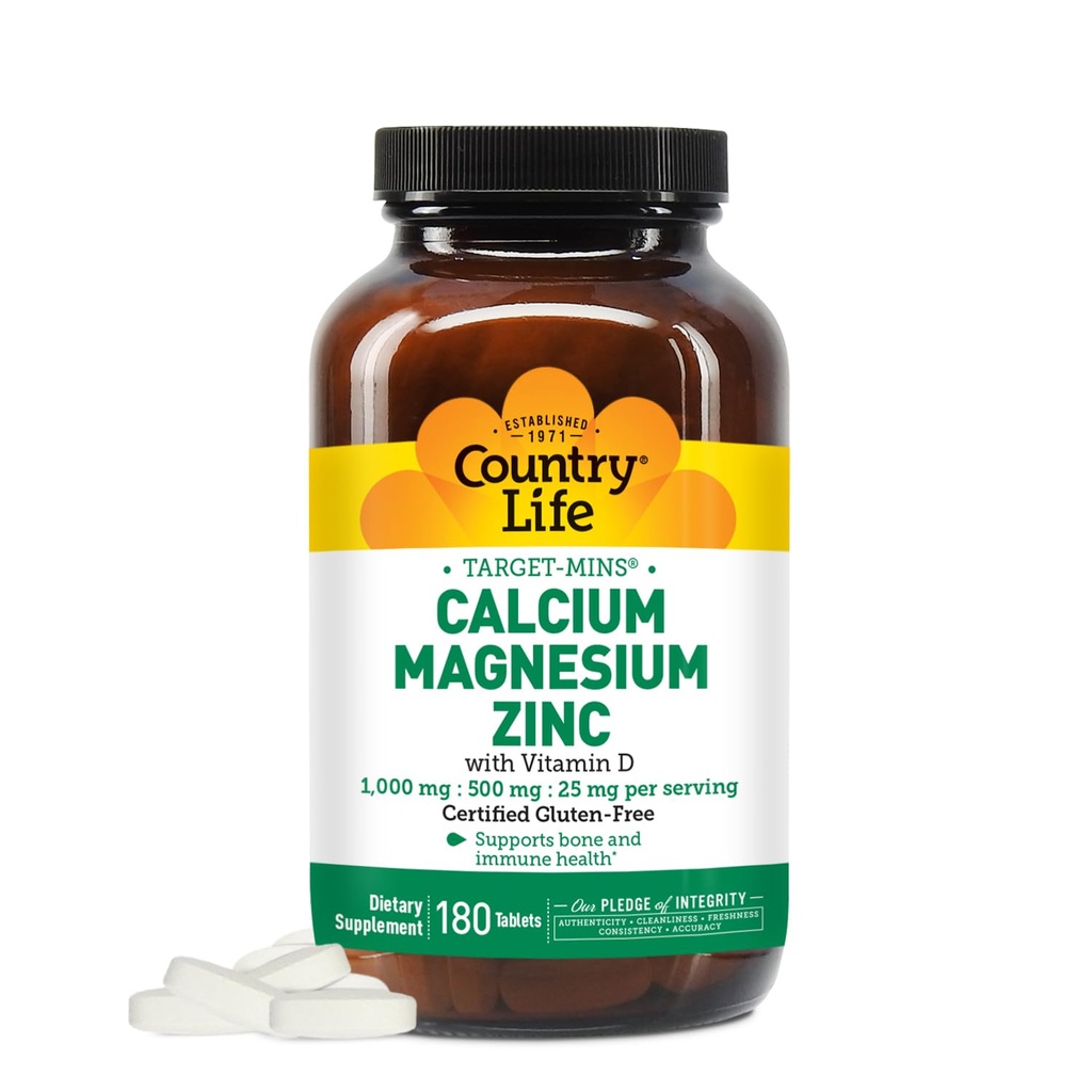 Država Life Calcium Magnezijev cink z vitaminom D3 in L-glutaminsko kislino, prehransko dopolnilo za podporo kosti, Certified Gluten Free, 1000mg/500mg/25mg, 180 tablet