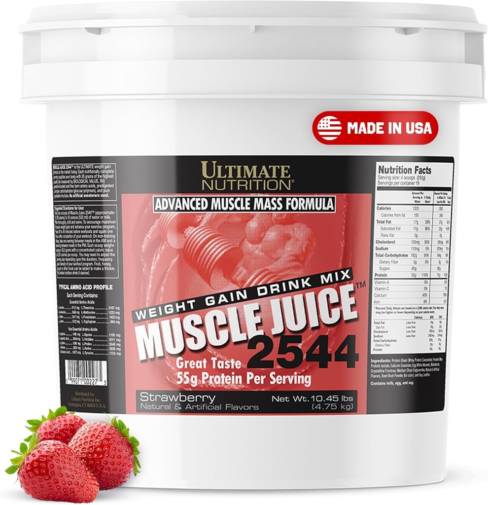 Ultimate Nutrition Muscle Juice, Hujšanje Drink Mix - Mass Gainer Workout Powder za moške in ženske - dodatek za rast mišic in imunske podpore z 55g beljakovin - Jagoda, 10.45lb
