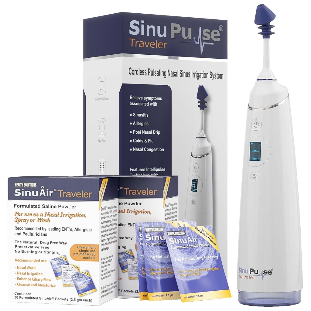 SinuPulse Popotnik z 90 Sinuair Packets - Akumulatorsko pulziranje Nasal namakanje Sinus Rinse sistem, prostor varčevanje čistilo & Relief Machine za potovanje, bolj učinkovito od Neti Pot ali Nose Spray steklenice