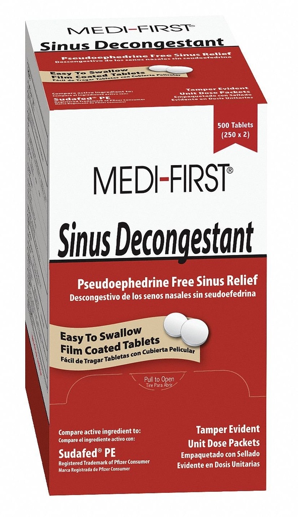 Medique izdelki Medi-First 80933 Sinus Decongestiv, 100-paketov 1 (Packaging lahko razlikujejo) , Rdeča
