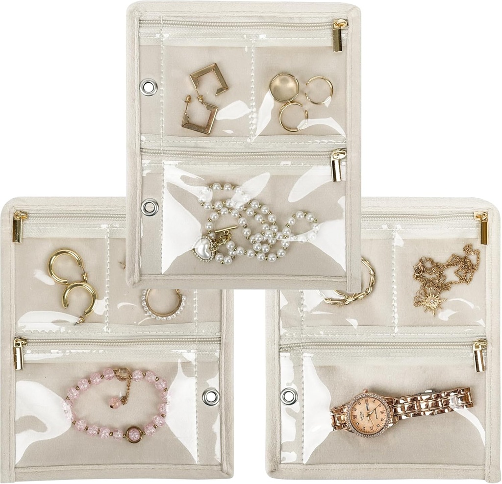 Travel Nakit Organizator Case, Nakit Vrečke Nakit Skladiščenje Knjiga Binder s Clear Zipper Velvet Bouch za potovanje,Zemlji, Prstani, Ovratnica, Zapestnica (notranje strani,Beige,3 PCS)