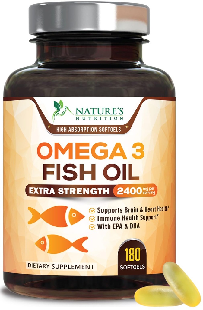 Omega 3 ribje olje 2400 mg – Trojna moč EPA & DHA Maščobne kisline za srce, Možgani & Skupni podpora – Divji ujeta, Burpless, limonina aroma dodatek – naravni, ne-GMO, Gluten-free – 180 Softgels