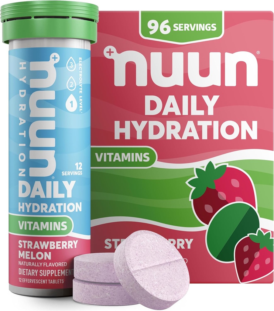 Nuun vitamini Elektrolitske tablete z vitaminom D, C, E, A, & B6, Folna kislina, Magnezij & 4 drugi Esencialni elektroliti, Gluten Free & Vegan, Jagodna melona, 8 paket (96 Servings skupaj)