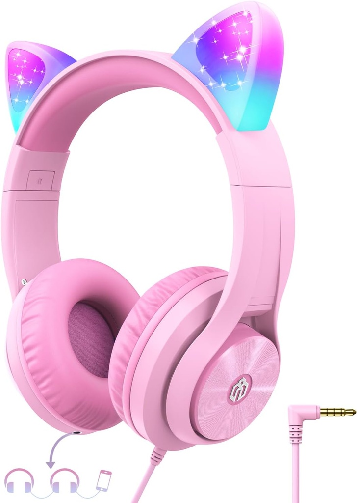 iClever Kids slušalke z mačjim ušesom Led Light Up, Safe Volume Limite, FunShare, Foldable, Over-Ear slušalke za otroke za šolo/iPad/Tablet/Travel, Meow Donut-Pink
